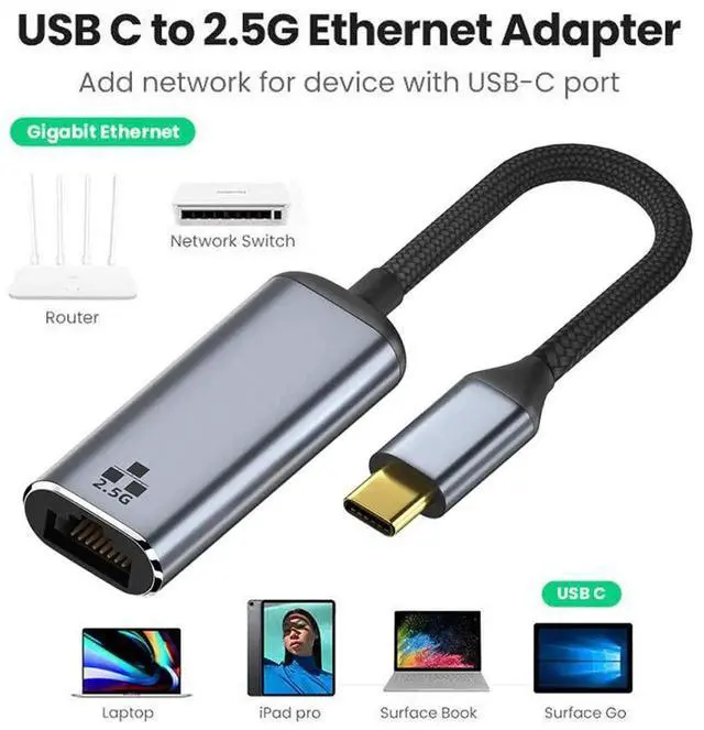 Alt view image 2 of 7 - AJMRTC USB3.1 TypeC to 2.5G Gigabit Ethernet Adapter Cable,2500Mbps RJ45 LAN Network Converter Cord,USBC to 2.5Gbps Ethernet for Laptops,Notebooks,Desktop PC Network Connection
