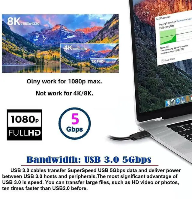 Alt view image 3 of 7 - AJMRTC 1.8M USB3.0 Male to HDMI Male Active Converter Cable,USB 3.0 Source to HDMI Sink 1080P Video Adapter Cord for Desktop,Laptop PC,Monitor,Projector External Video Display Output