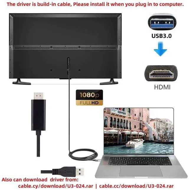 Alt view image 7 of 7 - AJMRTC 1.8M USB3.0 Male to HDMI Male Active Converter Cable,USB 3.0 Source to HDMI Sink 1080P Video Adapter Cord for Desktop,Laptop PC,Monitor,Projector External Video Display Output