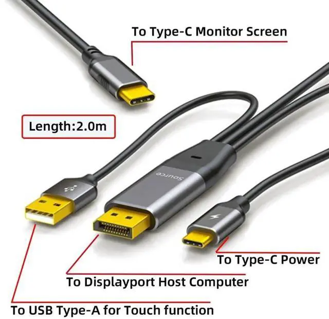 Alt view image 3 of 7 - AJMRTC 2.0M 6.56FT DisplayPort to USBC Cable,4K@60Hz Video with USB Power Input,Supports Touch Signal PassThrough for Host Connecting to Portable Touch Monitor,USBC Display and VR Glasses