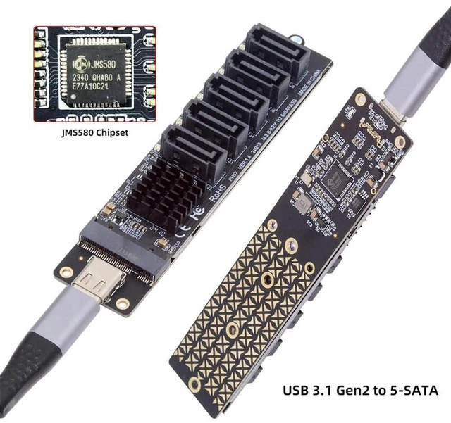 Alt view image 6 of 7 - AJMRTC 10Gbps USBC to NGFF B+M Key 5Port SATA Adapter,JMS580+JMB575 SATA Port Multiplier Selector,6Gbps SATA III Converter for 2.5" SATA HDD SSD MultiDisk DIY Storage Enclosure