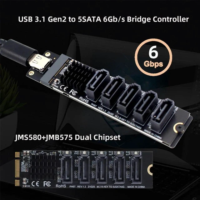 Alt view image 7 of 7 - AJMRTC 10Gbps USBC to NGFF B+M Key 5Port SATA Adapter,JMS580+JMB575 SATA Port Multiplier Selector,6Gbps SATA III Converter for 2.5" SATA HDD SSD MultiDisk DIY Storage Enclosure