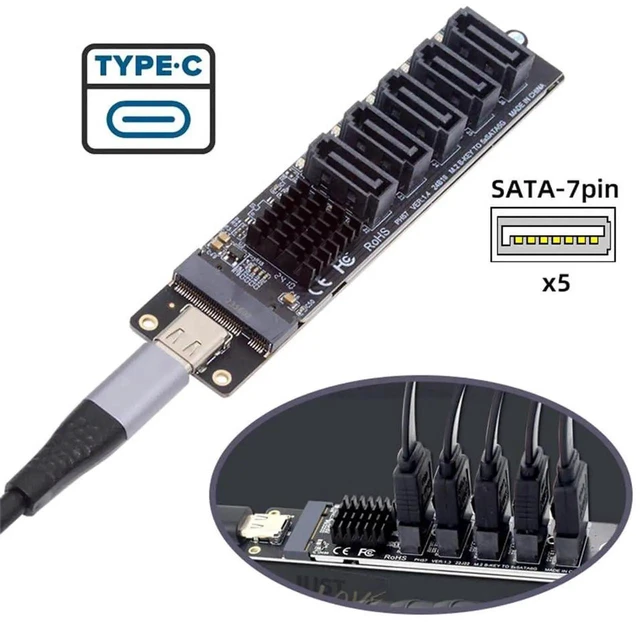 Alt view image 3 of 7 - AJMRTC 10Gbps USBC to NGFF B+M Key 5Port SATA Adapter,JMS580+JMB575 SATA Port Multiplier Selector,6Gbps SATA III Converter for 2.5" SATA HDD SSD MultiDisk DIY Storage Enclosure