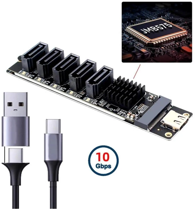 Alt view image 2 of 7 - AJMRTC 10Gbps USBC to NGFF B+M Key 5Port SATA Adapter,JMS580+JMB575 SATA Port Multiplier Selector,6Gbps SATA III Converter for 2.5" SATA HDD SSD MultiDisk DIY Storage Enclosure
