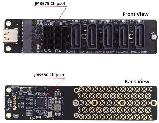 Alt view image 5 of 7 - AJMRTC 10Gbps USBC to NGFF B+M Key 5Port SATA Adapter,JMS580+JMB575 SATA Port Multiplier Selector,6Gbps SATA III Converter for 2.5" SATA HDD SSD MultiDisk DIY Storage Enclosure