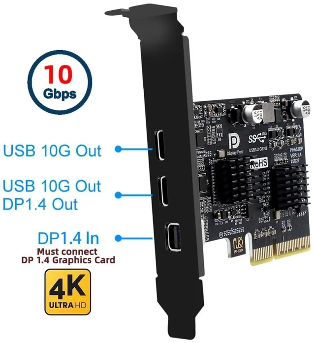 Alt view image 7 of 7 - AJMRTC PCIE 4X Expansion Card with Mini DisplayPort 1.4 Input, Dual USB 3.1 TypeC 10Gbps Ports, 4K@60Hz Video Output, ASM3142 Chipset Desktop PCIe Express Graphics Expansion Adapter Card for Desktop