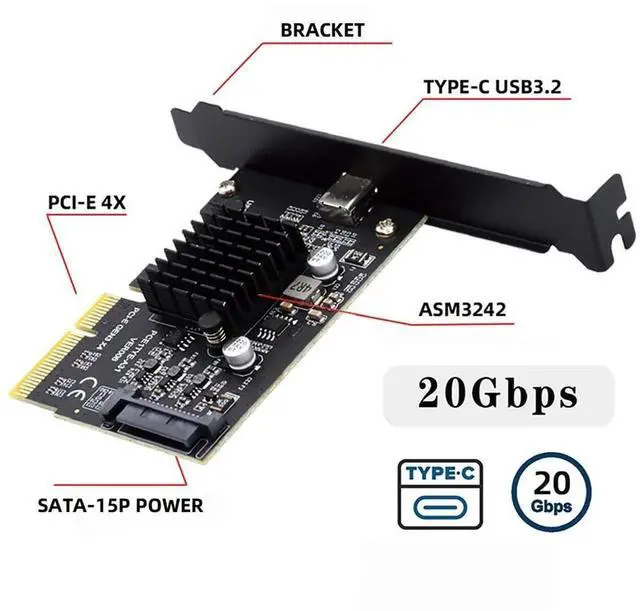 Alt view image 4 of 7 - AJMRTC 20Gbps USB 3.2 Gen2x2 PCIE 4X Express Expansion Card, Female USBC TypeC Port Controller Adapter with SATA 15Pin Power for Desktop Motherboard, HighSpeed DataOnly PCIe AddOn Card for DIY