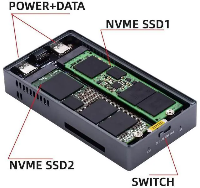 Alt view image 3 of 7 - AJMRTC Dual Bay M.2 NVMe MKey SSD Enclosure, USBC 3.2 Gen2x2 20Gbps RAID Adapter with Cooling Fan, RAID0 RAID1 JBOD for 2230 2242 2260 2280 NVMe M.2 External NGFF SSD Storage Case
