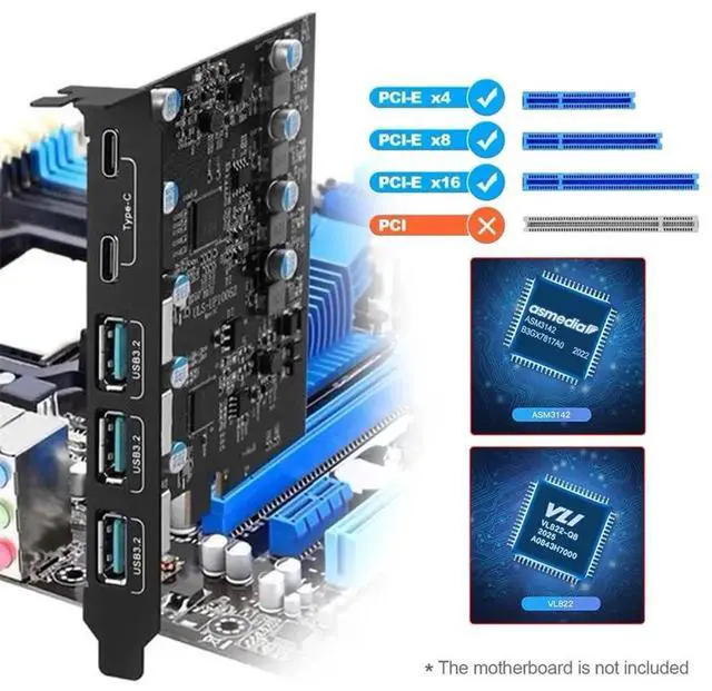 Alt view image 4 of 7 - AJMRTC PCIE Express Expansion Card, 3×USB3.0 TypeA + Dual USB3.1 TypeC Back Panel Socket, ASM3142 & VL822 Chipset, PCIe Internal USB Hub Adapter for Desktop PC Motherboard