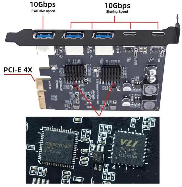 Alt view image 6 of 7 - AJMRTC PCIE Express Expansion Card, 3×USB3.0 TypeA + Dual USB3.1 TypeC Back Panel Socket, ASM3142 & VL822 Chipset, PCIe Internal USB Hub Adapter for Desktop PC Motherboard
