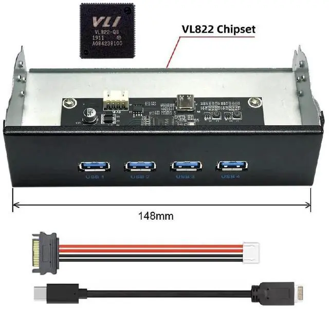 Alt view image 4 of 7 - AJMRTC 5.25Inch Bay Front Panel USB Hub, 4Port 10Gbps USB3.1 Gen2, 2×TypeA & 2×TypeC, Internal TypeE Motherboard Header Adapter for Desktop PC Optical Drive Bay Installation