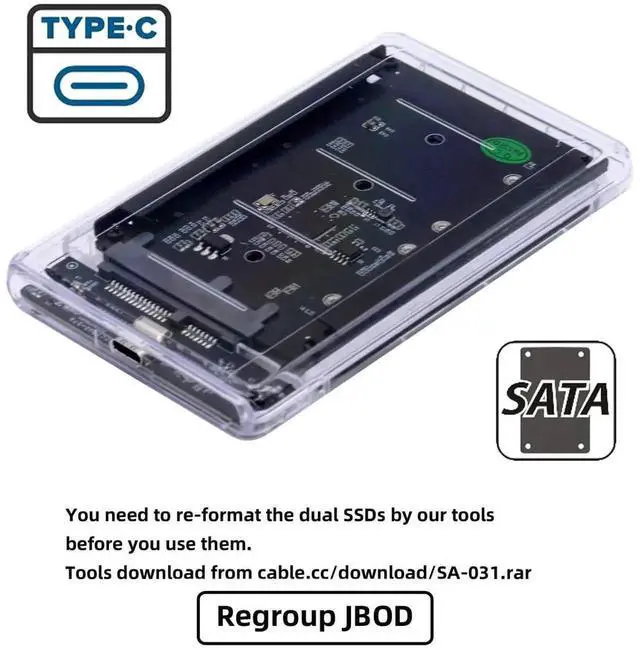 Alt view image 3 of 7 - AJMRTC Dual mSATA MiniSATA SSD Enclosure, RAID0 Span JOBD Bridge to USB3.0 TypeC, 2.5Inch SATA Combo External Storage Case for Dual mSATA SSD, MultiMode Disk Array Adapter