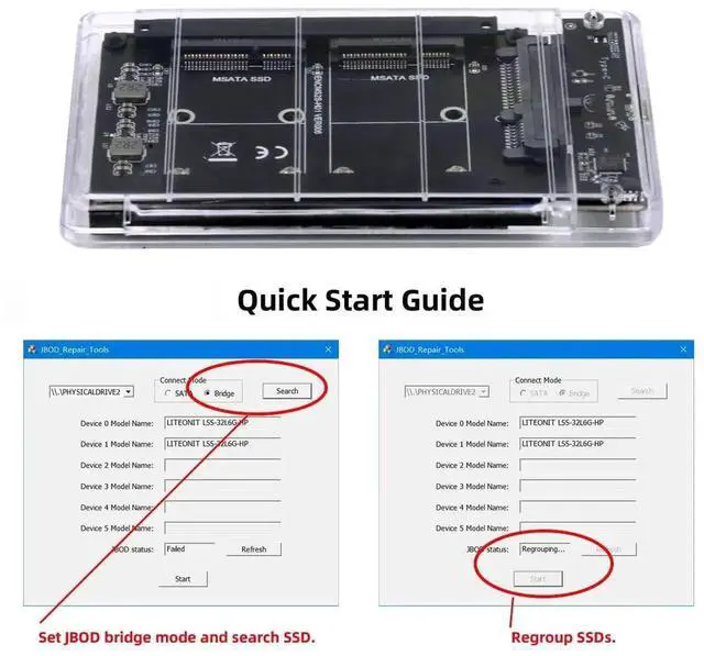 Alt view image 6 of 7 - AJMRTC Dual mSATA MiniSATA SSD Enclosure, RAID0 Span JOBD Bridge to USB3.0 TypeC, 2.5Inch SATA Combo External Storage Case for Dual mSATA SSD, MultiMode Disk Array Adapter