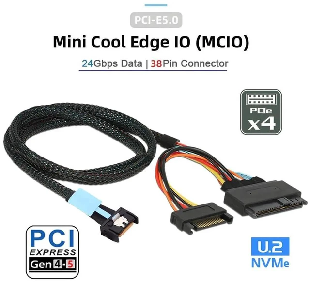 Alt view image 3 of 7 - AJMRTC Mini Cool Edge IO MCIO 4X to U.2 SFF8639 NVMe PCIExpress Cable, SFFTA1016 Host Cable with SATA 15Pin Power for Motherboard Connect U.2 NVMe SSD, Server & DIY Storage System