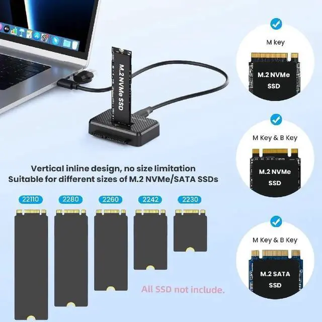 Alt view image 4 of 7 - AJMRTC Vertical USBC USB3.0 DualSSD Docking PCBA Enclosure, M.2 MKey NVMe + 2.5 Inch SATA DualDrive External Storage Case, Supports Both NVMe and 2.5" SATA SSD for Desktop Laptop Data Backup