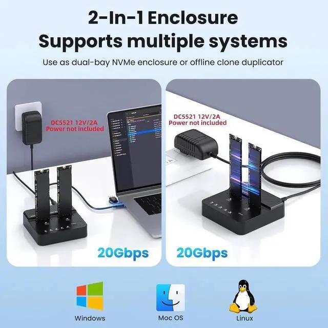 Alt view image 5 of 7 - AJMRTC Vertical DualBay M.2 NVMe Offline Cloner Enclosure, 20Gbps MKey NGFF to USBC OneClick Offline Clone Duplicator, DualSlot External Storage Docking Station for M.2 NVMe SSD Data Backup