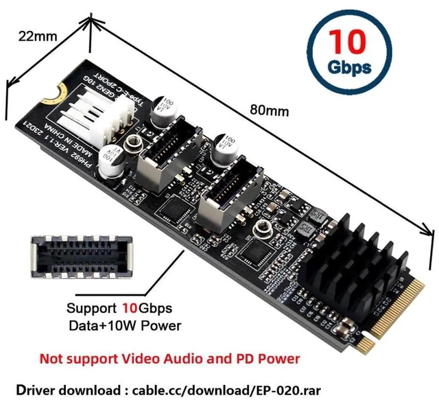 Alt view image 5 of 7 - AJMRTC Dual TypeE 20Pin FrontPanel Socket to M.2 MKey NVMe Adapter Card, USB3.1 10Gbps NGFF Express Converter Board, Convert Motherboard M.2 Slot for Dual USB3.1 TypeE FrontPanel Port Expansion