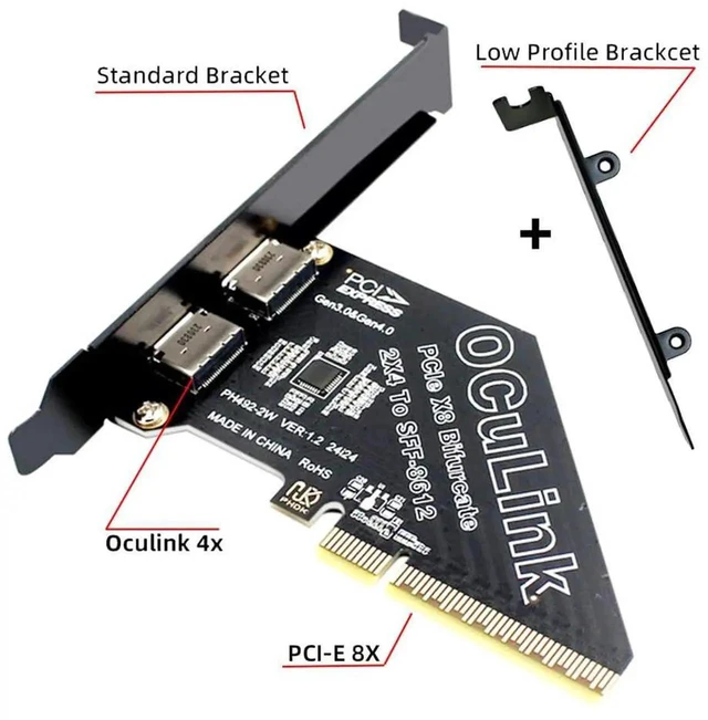 Alt view image 3 of 7 - AJMRTC 2Port PCIe4.0 X8 OCuLink Expansion Card, Dual SFF8611 / SFF8612 Host Ports, Comes with 8cm LowProfile & 12cm FullHeight Bracket, PCIExpress Adapter for U.2 NVMe SSD, DualDevice eGPU Exte