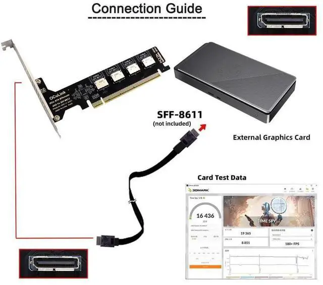 Alt view image 6 of 7 - AJMRTC 4Port PCIe 4.0 X16 to OCuLink Adapter Card, SFF8611 SFF8612 PCIExpress Expansion with 8cm LowProfile &12cm Bracket for eGPU Dock U.2 NVMe SSD, Requires x4x4x4x4 PCIe Bifurcation