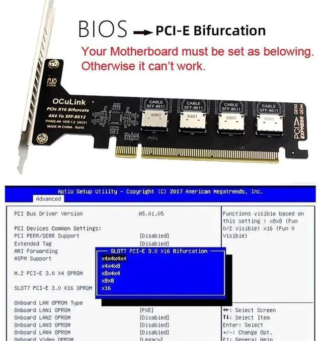 Alt view image 7 of 7 - AJMRTC 4Port PCIe 4.0 X16 to OCuLink Adapter Card, SFF8611 SFF8612 PCIExpress Expansion with 8cm LowProfile &12cm Bracket for eGPU Dock U.2 NVMe SSD, Requires x4x4x4x4 PCIe Bifurcation