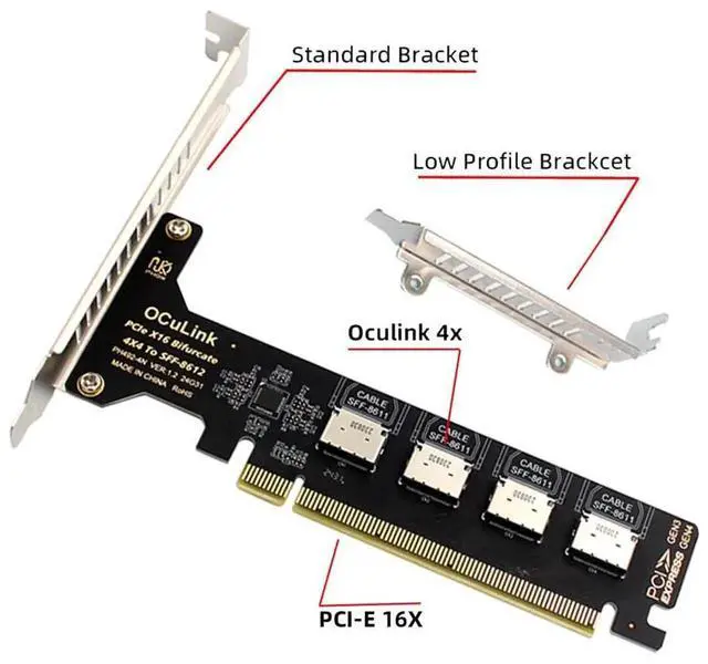 Alt view image 4 of 7 - AJMRTC 4Port PCIe 4.0 X16 to OCuLink Adapter Card, SFF8611 SFF8612 PCIExpress Expansion with 8cm LowProfile &12cm Bracket for eGPU Dock U.2 NVMe SSD, Requires x4x4x4x4 PCIe Bifurcation