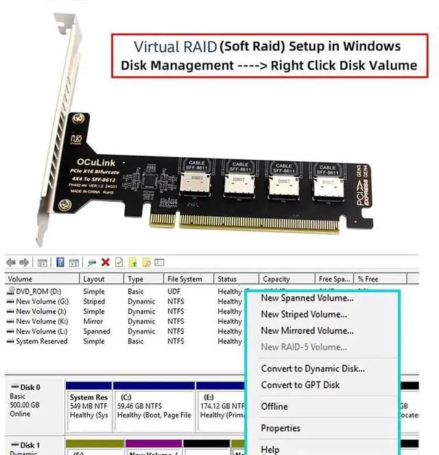 Alt view image 3 of 7 - AJMRTC 4Port PCIe 4.0 X16 to OCuLink Adapter Card, SFF8611 SFF8612 PCIExpress Expansion with 8cm LowProfile &12cm Bracket for eGPU Dock U.2 NVMe SSD, Requires x4x4x4x4 PCIe Bifurcation