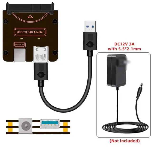 Alt view image 6 of 7 - AJMRTC SFF8482 SAS 29Pin to USB 3.0 Hard Drive RAID Adapter, 5Gbps SAS SATA HDD Converter with Builtin Chipset & Power Port, Requires External 12V/3A Power Supply
