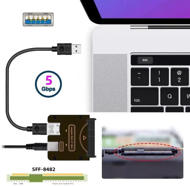 Alt view image 3 of 7 - AJMRTC SFF8482 SAS 29Pin to USB 3.0 Hard Drive RAID Adapter, 5Gbps SAS SATA HDD Converter with Builtin Chipset & Power Port, Requires External 12V/3A Power Supply