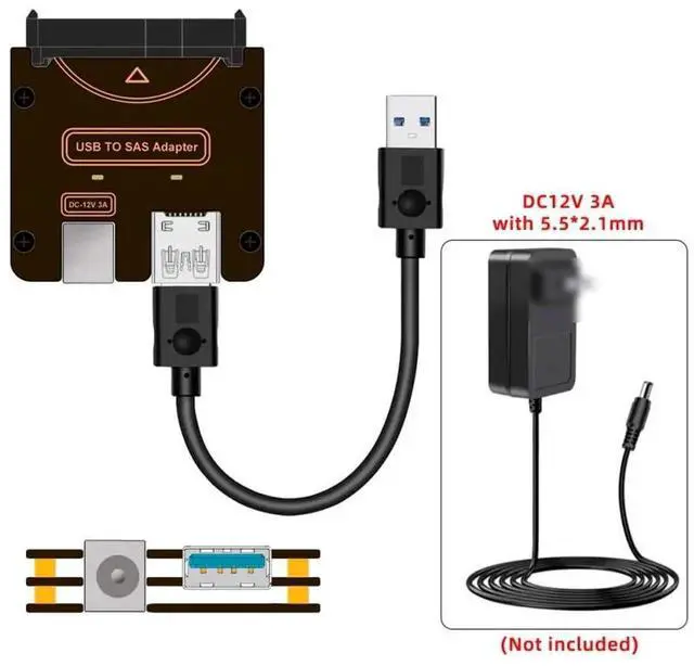Alt view image 7 of 7 - AJMRTC 29Pin SFF8482 SAS to USB 3.0 HDD RAID Adapter, 5Gbps SAS SATA Hard Drive Converter with Builtin Chipset & Power Port, Requires Separate 12V/3A Power Supply