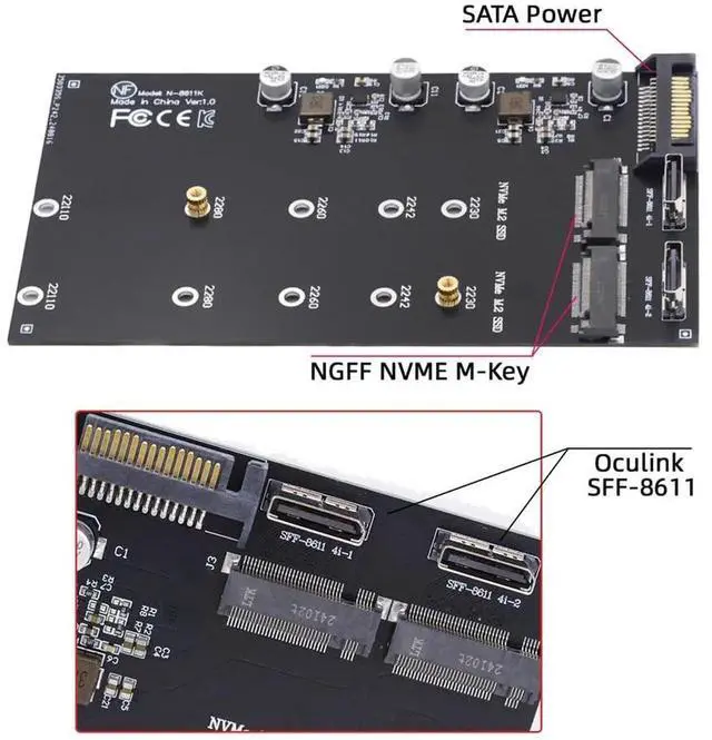 Alt view image 3 of 7 - AJMRTC M.2 to OCuLink Adapter, PCIe NVMe AHCI MKey SSD 2to2 SFF8611 / SFF8612 Expansion Card, Supports 2230 2242 2280 22110mm M.2 SSD for eGPU, External Storage