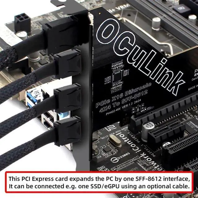 Alt view image 6 of 7 - AJMRTC 4Port PCIe 4.0 X16 to OCuLink Adapter Card, SFF8611 SFF8612 PCIExpress Expansion Adapter with 12cm FullHeight Bracket for eGPU Dock U.2 NVMe SSD, Requires x4x4x4x4 PCIe Bifurcation