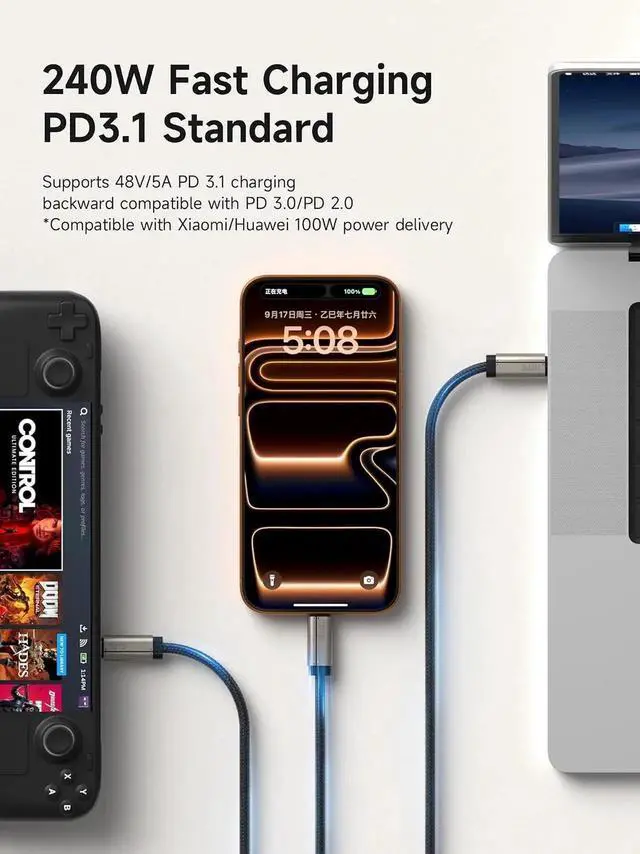 Alt view image 7 of 7 - AJMRTC IntelCertified TBT5 USBC Cable 3.3Ft Titanium,120Gbps Data 240W PD Fast Charging 16K@60Hz Video Cord for Thunderbolt 5/4/3, USB4, iPhone 17 16 15, MacBook, USBC Laptops