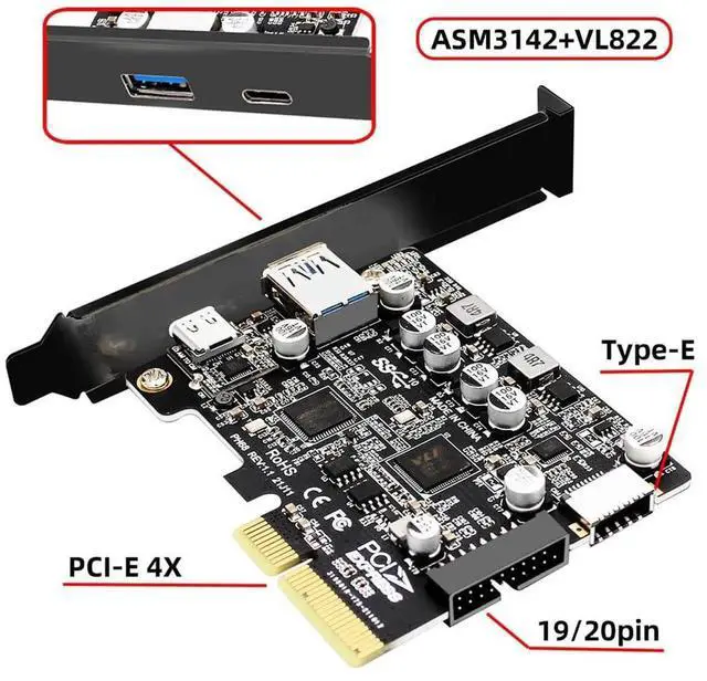Alt view image 5 of 7 - AJMRTC PCIE 4X to 4Port 10Gbps Expansion Card, USBA USBC USB3.0 20Pin USB3.1 Gen2 FrontPanel Socket Adapter with ASM3142 & VL822 Dual Chipset for Desktop Motherboard