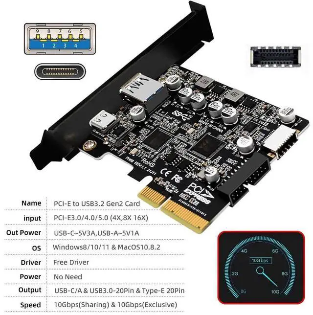 Alt view image 3 of 7 - AJMRTC PCIE 4X to 4Port 10Gbps Expansion Card, USBA USBC USB3.0 20Pin USB3.1 Gen2 FrontPanel Socket Adapter with ASM3142 & VL822 Dual Chipset for Desktop Motherboard