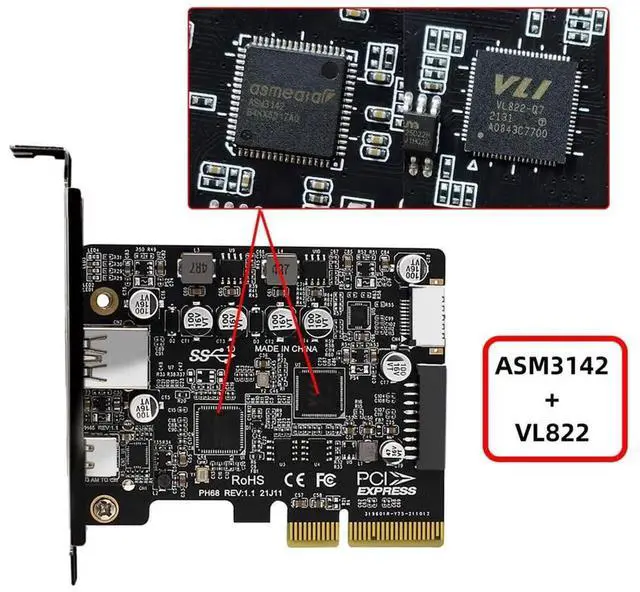 Alt view image 4 of 7 - AJMRTC PCIE 4X to 4Port 10Gbps Expansion Card, USBA USBC USB3.0 20Pin USB3.1 Gen2 FrontPanel Socket Adapter with ASM3142 & VL822 Dual Chipset for Desktop Motherboard