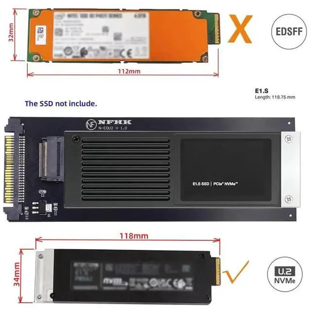 Alt view image 2 of 7 - AJMRTC SFF8639 U.2 Host to E1.S EDSFF GENZ Ruler1U Short SSD Carrier Adapter with Heatsink, Supports 9.5mm 15mm 25mm SSD, Compatible with PM9A3 PM9D3 P5801X for Server Storage