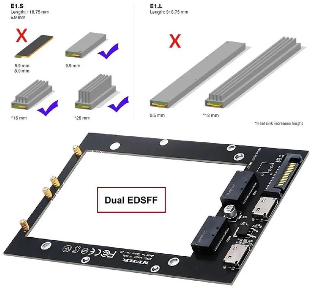 Alt view image 2 of 3 - AJMRTC Dual SFF8612 OCuLink PCIe 4.0 Host Carrier Adapter, Dual GENZ EDSFF Ruler1U Short E1.S SSD with Heatsink, Supports 9.5mm 15mm 25mm Drives, Compatible PM9A3 PM9D3 P5801X for Server Storage Ex