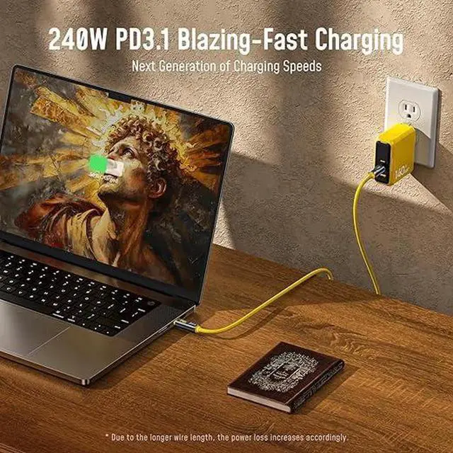 Alt view image 2 of 6 - USB4 2.0 Cable with LED Digital Display 3.3ft, 240W PD3.1 Fast Charging, 80Gbps Data Transfer, Dual 8K Display, The Adonis USB C Cable for MacBook Pro/iPhone 17 Pro Max/Galaxy/SSD/Docking,Yellow