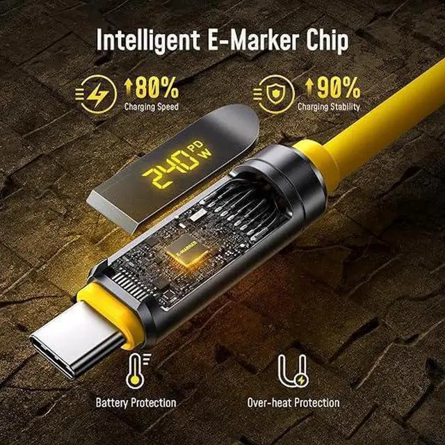 Alt view image 4 of 6 - USB4 2.0 Cable with LED Digital Display 3.3ft, 240W PD3.1 Fast Charging, 80Gbps Data Transfer, Dual 8K Display, The Adonis USB C Cable for MacBook Pro/iPhone 17 Pro Max/Galaxy/SSD/Docking,Yellow