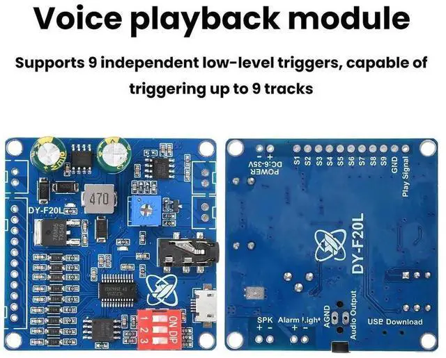 Alt view image 3 of 3 - AJMRTC DYF20L 9Channel LowLevel Trigger Voice Module, 635V DC Wide Voltage 20W ClassD Audio Amp, 32Mbit Flash, MicroUSB MP3 WAV Decoder for Exhibition, Industrial Voice Prompt, DIY Sound Project