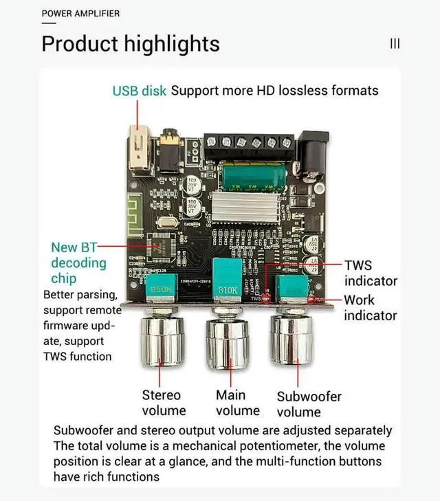 Alt view image 3 of 3 - AJMRTC ZKLT23 2.1Channel Bluetooth Audio Amplifier Board, 50W+50W+100W Subwoofer TWS True Wireless Stereo Power Amp Module for Home Speaker, DIY Audio System