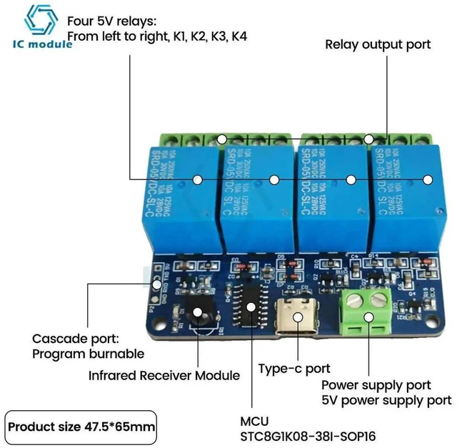 Alt view image 2 of 3 - AJMRTC DC5V 4Channel IR Remote Control Relay Module with TypeC Power Port, Infrared Receiver Relay Board Supports Selflocking Jog Interlocking Modes for Smart Home Switch DIY Automation Control Pro