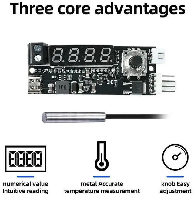 Alt view image 3 of 3 - AJMRTC 4Wire PWM Fan Temperature Governor Module, DC 5V 12V TypeC Powered Auto Linear Speed Controller with NTC Temperature Probe, for PC Case Cooling Fans, Aquarium Equipment and Electronic DIY Pro