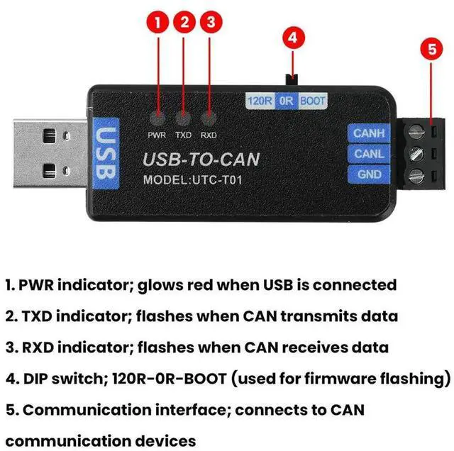 Alt view image 3 of 3 - AJMRTC USB to CAN Adapter CAN Bus Analyzer, Support CAN 2.0A Protocol, Baud Rate 5kbps1Mbps, USBCAN Converter Dongle for Industrial Network Debugging, Vehicle CAN Bus Monitoring and Data Analysis Te