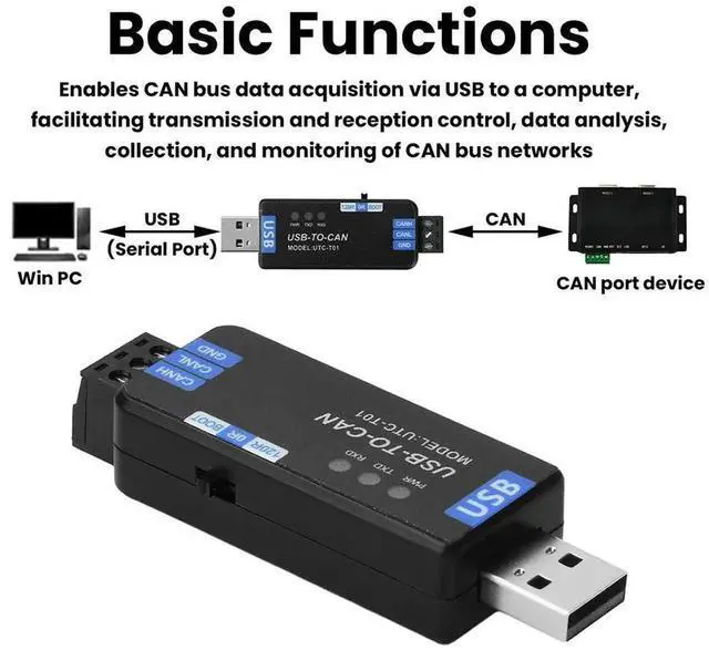 Alt view image 2 of 3 - AJMRTC USB to CAN Adapter CAN Bus Analyzer, Support CAN 2.0A Protocol, Baud Rate 5kbps1Mbps, USBCAN Converter Dongle for Industrial Network Debugging, Vehicle CAN Bus Monitoring and Data Analysis Te