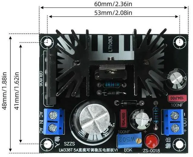 Alt view image 3 of 6 - AJMRTC LM338T Linear Voltage Regulator Module, 5A Adjustable StepDown Voltage Stabilizer, AC 024V DC 035V Input, 1.5V30V DC Output with LED Power Indicator for DIY Power Supply Electronic Circuit