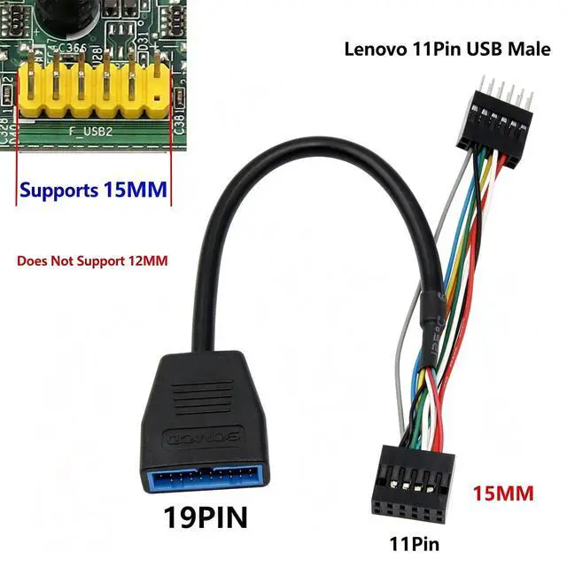 Alt view image 7 of 7 - AJMRTC 11-Pin USB2.0 Front Panel Adapter Cable 20CM+10CM, Lenovo 11Pin Female to 11Pin Male + USB3.0 19Pin Header 15MM Special Harness for Lenovo Desktop Motherboard Modification