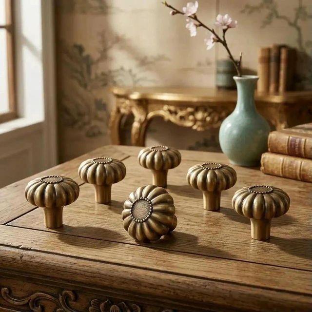 Alt view image 2 of 3 - AJMRTC Solid Brass Cabinet Knobs 6Pack, 30mm Fluted Drawer Pull Knob with 10mm Flat Base, Vintage Brass Cabinet Hardware for Wardrobe, Drawer, Cupboard Furniture Decoration