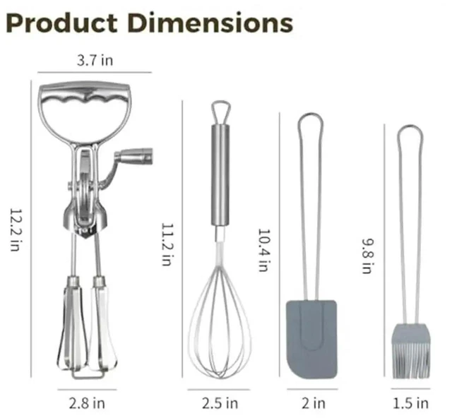 Alt view image 2 of 3 - AJMRTC Manual 4in1 Egg Beater Set, Stainless Steel DoubleHead Rotary Mixer with Silicone Brush and Spatula, MultiPurpose HandOperated Kitchen Tool Set for Whisking Stirring Baking Food Preparatio