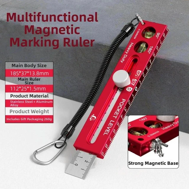 Alt view image 3 of 3 - AJMRTC Multifunctional Magnetic Marking Ruler, Aluminum Alloy Woodworking Scale with Dual Bubble Level & Metric Scales, HighPrecision Measuring Marking Tool for Carpentry DIY Woodworking Layout